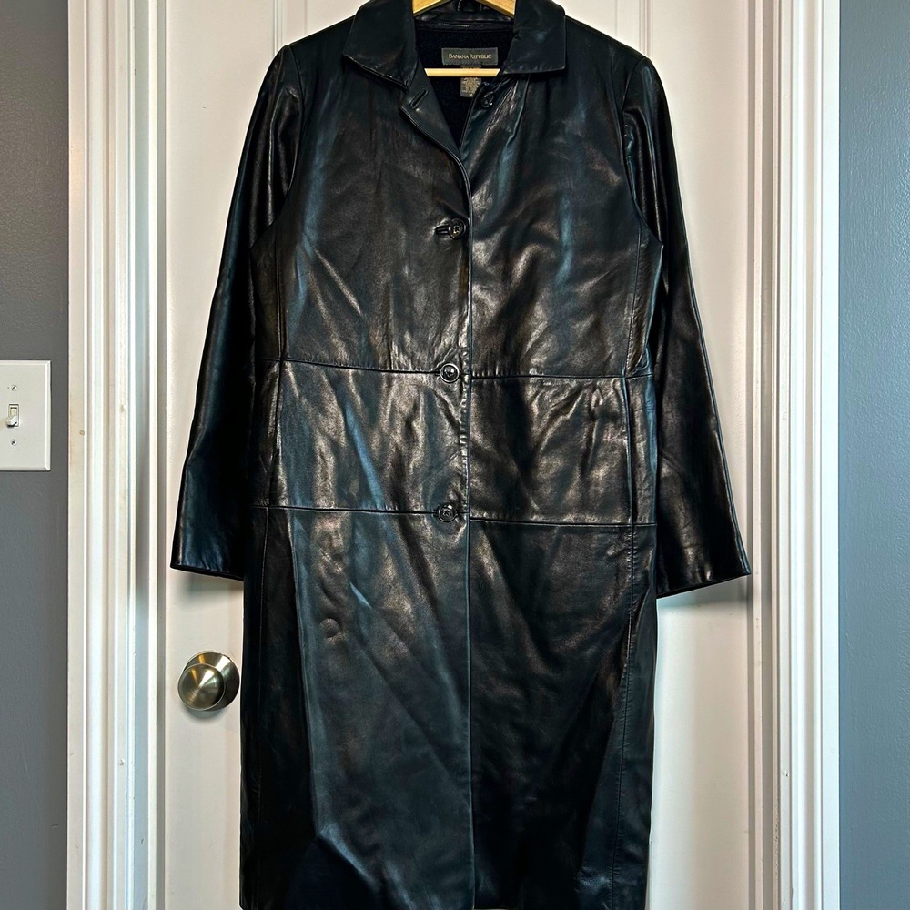 Banana Republic Vintage Y2K Genuine Leather Black Long Button Up Trench Coat